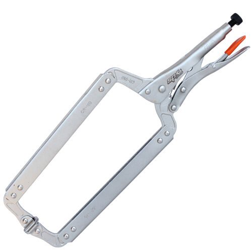 Sp Tools Pliers Locking C-Clamp Deep Throat Swivel Pad 450M SP32658 • Highest Quality Chrome Vanadium Steel • Easy Quick-Release Lever • Heavy Duty Knurled Adjuster Nut • Chrome Molybdenum Hardened Non-Slip Jaws • Swivel Pads For Uneven Surfaces