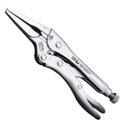 Sp Tools Pliers Locking Long Nose 150Mm(6") SP32621 • Apply Extra Pressure Across Four Contact Points On Any Style Nut/Bolt Head • Adjusting Screw And Self Locking With Release Lever • Manufactured From Chrome Molybdenum With Nickel Plating