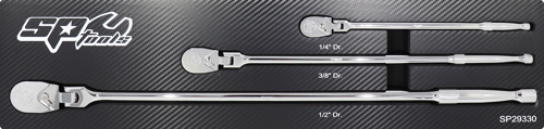 Sp Tools Ratchet Set 1/4,3/8,1/2Dr 90T Sealed Flex Head Long SP29330 • Sets Icludes 1/4”, 3/8” And 1/2” Drive Ratchets • 90 Tooth Gear For 4° Swing Angle • Compact Oval Ratchet Head For Better Accessibility • Sealed Ratchet Head To Reduce Internal Wear And Tear
