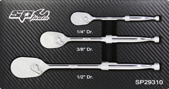 Sp Tools Ratchet Set 1/4,3/8,1/2Dr 90T Sealed Head SP29310 • Sets Icludes 1/4”, 3/8” And 1/2” Drive Ratchets • 90 Tooth Gear For 4° Swing Angle • Compact Oval Ratchet Head For Better Accessibility • Sealed Ratchet Head To Reduce Internal Wear And Tear