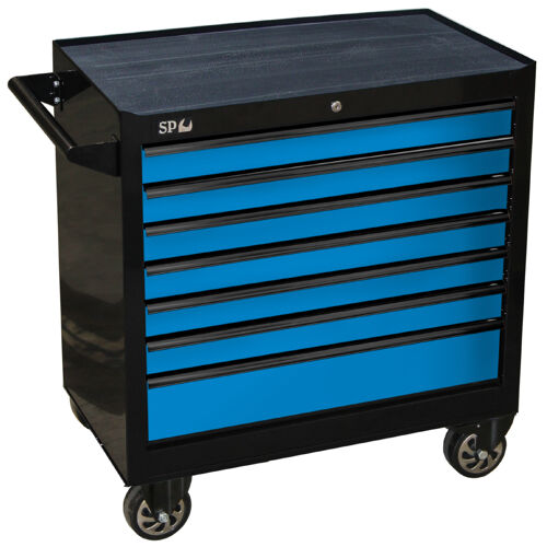 Sp Tools Roller Cab Black/Blue 7 Drawer Custom Sumo SP40126 • 30% Wider Than Standard Sp Custom Series Tool Cabinets • Heavy Duty 28 Ball Bearing Drawer Slides. • Robust Wall Construction. • Full Drawer Extension Capability. • Double Powder Coating Resists Scratching. • Internal Locking System For Extra Security. • Heavy Duty Castors