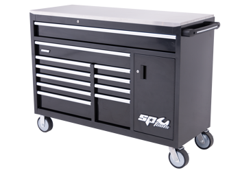 Sp Tools Roller Cab  Black/Chrome Custom 12 Dr Ss Top SP40095 10 Drawer "Tech Series" Roller Cabinet With Side Cupboard(Black/Chrome) Overall Size: With Casters: 1434Mm X 560Mm X 1075Mm • Stainless Steel Top • Full Drawer Extension Capabilities • Internal Locking System • Heavy Duty 28 Ball Bearing Drawer Slides • Double Powder Coating Resists Scratching