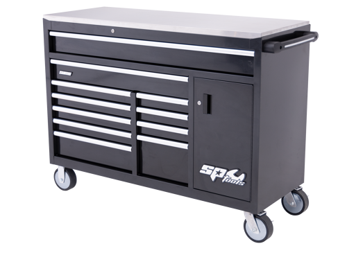 Sp Tools Roller Cab  Black/Chrome Custom 12 Dr Ss Top SP40095 10 Drawer "Tech Series" Roller Cabinet With Side Cupboard(Black/Chrome) Overall Size: With Casters: 1434Mm X 560Mm X 1075Mm • Stainless Steel Top • Full Drawer Extension Capabilities • Internal Locking System • Heavy Duty 28 Ball Bearing Drawer Slides • Double Powder Coating Resists Scratching