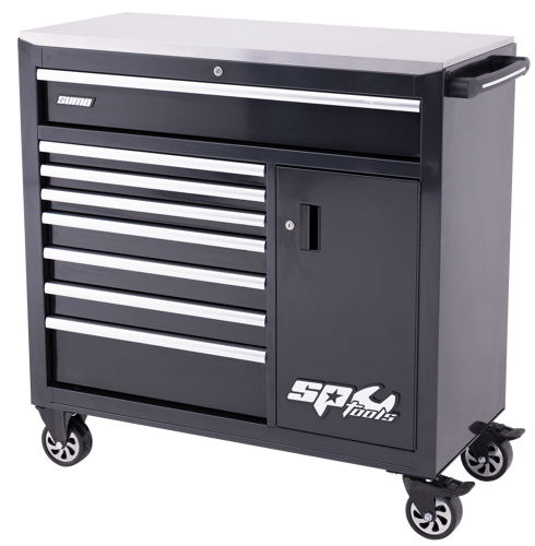Sp Tools Roller Cab Black/Chrome Custom 9 Dr Ss Top SP40118 Sumo Series Roller Cabinet With Power Tool Cupboard And Built-In Power Board 9 Drawer 1070W X 480D X 1090H (Mm) • Stainless Steel Work Top • Heavy Duty 28 Ball Bearing Drawer Slides • Internal Locking System • Sp Cliklok Drawer Locking System Ensures Drawers Stay Closed And Secure • Heavy Duty Wheels • Double Powder Coating Resists Scratching • Built-In Power Board With 4 Individually Switched Power Outlets And 4 Usb Ports, Adjustable Shelf And Deep Drawer