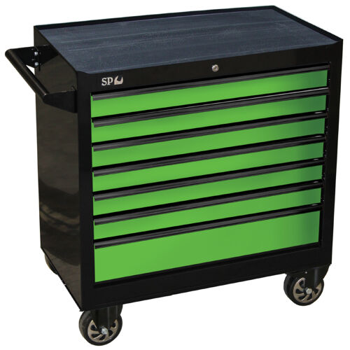 Sp Tools Roller Cab Black/Green 7 Drawer Custom Sumo SP40127 • 30% Wider Than Standard Sp Custom Series Tool Cabinets • Heavy Duty 28 Ball Bearing Drawer Slides. • Robust Wall Construction. • Full Drawer Extension Capability. • Double Powder Coating Resists Scratching. • Internal Locking System For Extra Security. • Heavy Duty Castors