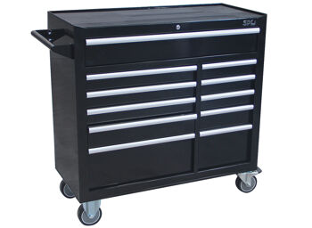 Sp Tools Roller Cab Black Custom 11 Drawer SP40106 11 Drawer Custom Roller Cabinet • Size (1170W X 480D X 1070H) • Full Drawer Extension Capabilities • Internal Locking System For Extra Security. • Heavy Duty 28 Ball Bearing Drawer Slides. • Robust Wall Construction. • Double Powder Coating Resists Scratching.