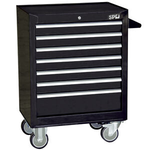 Sp Tools Roller Cab Black Custom 7 Drawer SP40104 7 Drawer Custom Roller Cabinet • Size (680W X 460D X 940H) • Full Drawer Extension Capabilities • Internal Locking System For Extra Security. • Heavy Duty 28 Ball Bearing Drawer Slides. • Robust Wall Construction. • Double Powder Coating Resists Scratching.