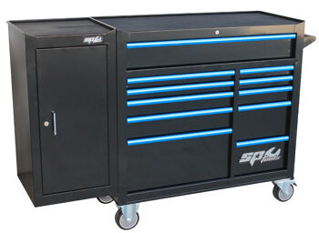 Sp Tools Roller Cab Blk/Blu Custom 11 Drawer + Side Cabinet SP40161 11 Drawer Roller Cabinet Tool Box With Side Cabinet (Black/Blue) (1480W X 480D X 1145H) • Full Drawer Extension Capabilities • Internal Locking System • Heavy Duty 28 Ball Bearing Drawer Slides • Double Powder Coating Resists Scratching