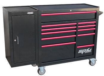 Sp Tools Roller Cab Blk/Red Custom 11 Drawer + Side Cabinet SP40162 11 Drawer Roller Cabinet Tool Box With Side Cabinet (Black/Red) (1480W X 480D X 1145H) • Full Drawer Extension Capabilities • Internal Locking System • Heavy Duty 28 Ball Bearing Drawer Slides • Double Powder Coating Resists Scratching