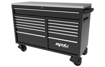 Sp Tools Roller Cab Usa59 Black/Chrome SP44725 59" Workshop Roller Cabinet - 13 Drawer 1500(W) X 622(D) X 1090(H) • Stainless Steel Work Top • Extra Long Deep Top Drawer • Extreme Duty Spring Castors - 2X Lockable