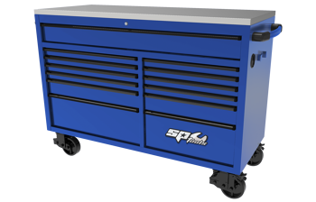 Sp Tools Roller Cab Usa59 Blue/Black SP44725BL 59" Workshop Roller Cabinet - 13 Drawer 1500(W) X 622(D) X 1090(H) • Stainless Steel Work Top • Extra Long Deep Top Drawer • Extreme Duty Spring Castors - 2X Lockable