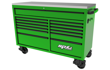 Sp Tools Roller Cab Usa59 Green/Black SP44725G 59" Workshop Roller Cabinet - 13 Drawer 1500(W) X 622(D) X 1090(H) • Stainless Steel Work Top • Extra Long Deep Top Drawer • Extreme Duty Spring Castors - 2X Lockable
