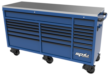Sp Tools Roller Cab Usa72 Blue/Black SP44825BL 73" Workshop Roller Cabinet 21 Drawer 1850(W) X 622(D) X 1090(H) • Stainless Steel Work Top • Extra Long Deep Top Drawer • Extreme Duty Spring Castors - 2X Lockable
