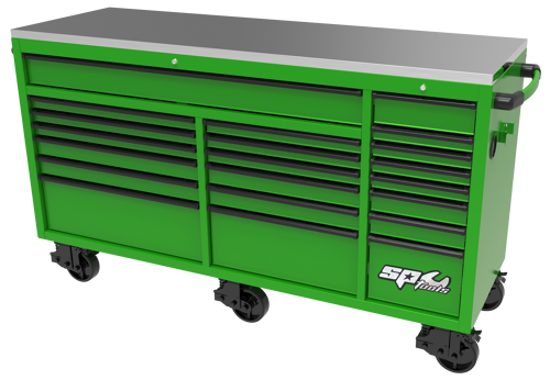 Sp Tools Roller Cab Usa72 Green/Black SP44825G 73" Workshop Roller Cabinet 21 Drawer 1850(W) X 622(D) X 1090(H) • Stainless Steel Work Top • Extra Long Deep Top Drawer • Extreme Duty Spring Castors - 2X Lockable