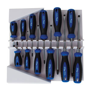 Sp Tools Screwdriver Set 12Pc Phillips/Slotted SP34002 • 6 X Slotted Screwdrivers - 6.5*38, 3.0*75, 5.5*100, 6.5*100, 6*150 With Hex Bolster, 8*150 With Hex Bolster • 6 X Phillips Screwdrivers - #2*38, #0*75, #1*80, #2*100, #2*150 With Hex Bolster, 3*150 With Hex Bolster • Abrasion Resistant Tip • 4 Sizes With Hex Bolster • Satin Finish Top • Tpr Grip