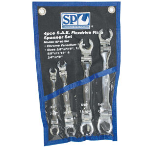 Sp Tools Set Spanner Double Flare Nut Flex Head 4Pc Sae SP10194 4Pc Sae Flex Head Flare Nut Spanner Set • 3/8X7/16 1/2X9/16 5/8X11/16 & 3/4X7/8" • Chrome Vanadium Steel For High Durability.