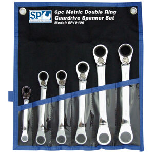 Sp Tools Set Spanner Double Ring 15° Offset 6Pc Metric SP10406 6Pc Metric 15° Offset Double Ring Geardrive Spanner Set • 8X9, 10X11, 12X13, 14X15, 16X18 & 17X19Mm Geardrive Technology • Heat-Treated Chrome Vanadium Steel For Strength Exceeding International Standards • Small Head Profile Designed For Working In Confined Spaces • 72 Teeth Needs As Little As 5º To Move Fastener