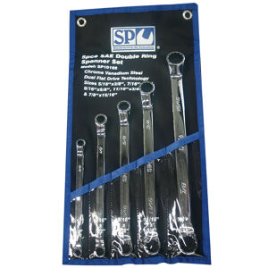Sp Tools Set Spanner Double Ring 5Pc Sae SP10185 5Pc Sae 40° Offset Ring Spanner Set • 5/16X3/8 7/16X1/2 9/16X3/8 11/16X3/4 & 7/8X5/16" • Chrome Vanadium Steel For High Durability. • Dual Flat Drive Technology.