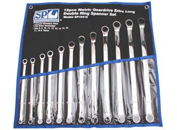 Sp Tools Set Spanner Double Ring Geardrive 12Pc Metrics SP10412 12Pc Metric Extra Long Double Ring Geardrive Spanner Set • 8-19Mm Geardrive Technology • Heat-Treated Chrome Vanadium Steel For Strength Exceeding International Standards • Small Head Profile Designed For Working In Confined Spaces • 72 Teeth Needs As Little As 5º To Move Fastener
