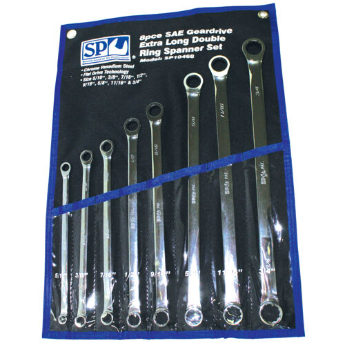 Sp Tools Set Spanner Double Ring Geardrive 8Pcs SP10468 8Pc Sae Extra Long Double Ring Geardrive Spanner Set • 5/16-3/4" Geardrive Technology • Heat-Treated Chrome Vanadium Steel For Strength Exceeding International Standards • Small Head Profile Designed For Working In Confined Spaces • 72 Teeth Needs As Little As 5º To Move Fastener