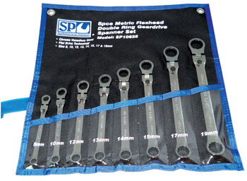 Sp Tools Set Spanner Double Ring Geardrive Locking Flex Head 8Pc Metric SP10628 6Pc Locking Flex Head Double Box Wrench Set • 8, 10, 12, 13, 14, 15, 17 & 19Mm • 180° Flex Head Has 13 Locking Positions • Locking Switch • 72 Teeth Needs As Little As 5° To Move Fastener While A Regular Whech Need 30° Of Sweep Space. • 15° Offset Tradional Box End Helps Reduce Swing Obstacles And To Minimize Knuckle Fatiguee. • Chrome Vanadium Steel (Crv) For High Durability • Professional Plating Prevents Wrenches From Corrosion • Superior Life-Time Test