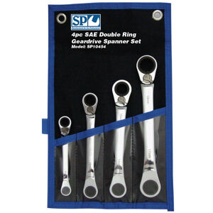 Sp Tools Set Spanner Double Ring Reversible Geardrive 4Pc Sae SP10454 4Pc Sae 15° Offset Double Ring Geardrive Spanner Set • 5/16X3/8 7/16X1/2 9/16X5/8 & 11/16X3/4" Geardrive Technology • Heat-Treated Chrome Vanadium Steel For Strength Exceeding International Standards • Small Head Profile Designed For Working In Confined Spaces • 72 Teeth Needs As Little As 5º To Move Fastener