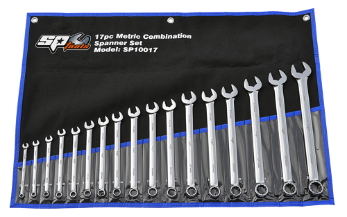 Sp Tools Set Spanner Roe 17Pc Metric SP10017 17 Piece 15° Offset Metric Combination Quad Drive Spanner Set Sizes Included: • 6, 7, 8, 9, 10, 11, 12, 13, 14, 15, 16, 17, 18, 19, 21, 22 & 24Mm