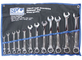 Sp Tools Set Spanner Roe Geardrive 12Pc Sae SP10262 0º Offset Geardrive Spanner Set 12Pc Sae • 5/16, 3/8, 7/16, 1/2, 9/16, 5/8, 11/16, 3/4, 13/16, 7/8, 15/16 & 1”  Geardrive Technology • Heat-Treated Chrome Vanadium Steel For Strength Exceeding International Standards • Small Head Profile Designed For Working In Confined Spaces • 72 Teeth Needs As Little As 5º To Move Fastener