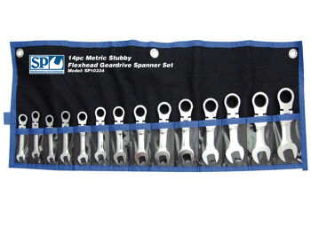 Sp Tools Set Spanner Roe Geardrive Flex Head 14Pc Metric SP10334 14Pc Metric Stubby Flexhead Geardrive Spanner Set • 6-19Mm Geardrive Technology • Heat-Treated Chrome Vanadium Steel For Strength Exceeding International Standards • Small Head Profile Designed For Working In Confined Spaces • 72 Teeth Needs As Little As 5º To Move Fastener