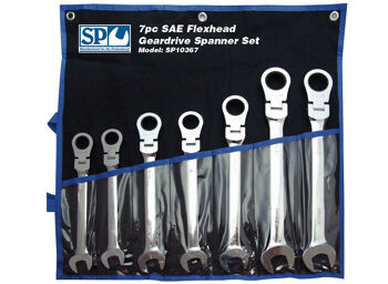 Sp Tools Set Spanner Roe Geardrive Flex Head 7Pc Sae SP10367 7Pc Sae Flexhead Geardrive Spanner Set • 13/16 - 1-1/4" Geardrive Technology • Heat-Treated Chrome Vanadium Steel For Strength Exceeding International Standards • Small Head Profile Designed For Working In Confined Spaces • 72 Teeth Needs As Little As 5º To Move Fastener