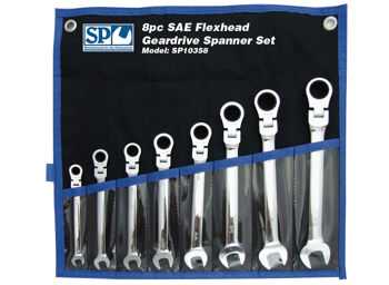 Sp Tools Set Spanner Roe Geardrive Flex Head 8Pc Sae SP10358 8Pc Sae Flexhead Geardrive Spanner Set • 5/16-3/4" Geardrive Technology • Heat-Treated Chrome Vanadium Steel For Strength Exceeding International Standards • Small Head Profile Designed For Working In Confined Spaces • 72 Teeth Needs As Little As 5º To Move Fastener