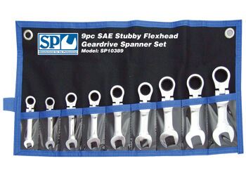 Sp Tools Set Spanner Roe Geardrive Flex Head 9Pc Sae SP10389 9Pc Sae Stubby Flexhead Geardrive Spanner Set • 1/4-3/4" Geardrive Technology • Heat-Treated Chrome Vanadium Steel For Strength Exceeding International Standards • Small Head Profile Designed For Working In Confined Spaces • 72 Teeth Needs As Little As 5º To Move Fastener