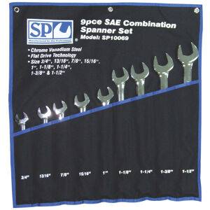 Sp Tools Set Spanner Roe Jumbo 9Pc Sae SP10069 9Pc Sae Roe Jumbo Spanner Set • 3/4" - 1-1/2" Sae • Chrome Vanadium Steel For High Durability. • Dual Flat Drive Technology On Ring End. • Tough Triple Chrome Finish To Protect Tool.