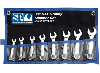 Sp Tools Set Spanner Roe Stubby 8Pc Sae SP10077 8Pc Sae Roe Stubby Spanner Set • 5/16-3/4" • Chrome Vanadium Steel For High Durability. • Dual Flat Drive Technology On Ring End. • Tough Triple Chrome Finish To Protect Tool.