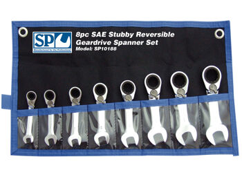 Sp Tools Set Spanner Roe Stubby Reversible Geardrive 8Pc SP10188 8Pc Sae Stubby 15° Offset Reversible Geardrive Spanner Set • 5/16-3/4" Geardrive Technology • Heat-Treated Chrome Vanadium Steel For Strength Exceeding International Standards • Small Head Profile Designed For Working In Confined Spaces • 72 Teeth Needs As Little As 5º To Move Fastener