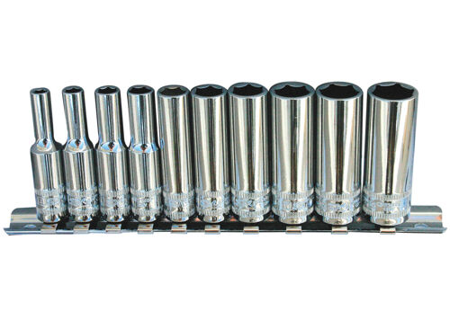 Sp Tools Socket Rail 1/4Dr 12Pt 10Pc Metric Deep SP20142 • Chrome Vanadium Steel For High Durability • Flat Drive Technology To Maximize Grip • 1/4"Dr - 4 5 6 7 8 9 10 11 12 & 13Mm Deep