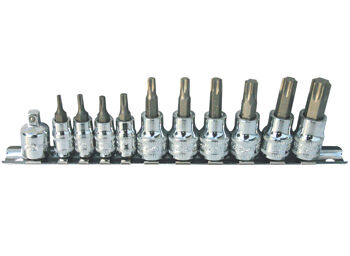 Sp Tools Socket Rail 1/4 & 3/8Dr Torx 11Pc SP20440 1/4"& 3/8"Dr 11Pc Torx Rail Socket Set • 1/4"Dr T10-T25 Sockets • 3/8"Dr T27-T55 Sockets • Adaptor • Chrome Vanadium Steel For High Durability.