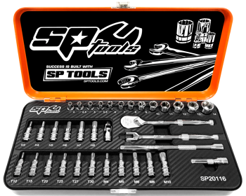Sp Tools Socket Set 1/4Dr 6Pt 35Pc Metric SP20116 35Pc 1/4”Dr Socket Set • Metric, Hex, Torx & Spline Sockets • 90T Sealed Head Ratchet • Flex Handle • Extension Bars • Universal Joint