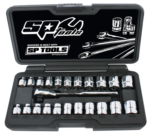 Sp Tools Socket Set 1/4Dr 6Pt Low Profile 23Pc Metric/Sae SP20121 Metric • 4, 5, 6, 7, 8, 9, 10, 11, 12 & 13Mm Sae • 5/32, 3/16, 7/32, 1/4, 9/32, 5/16, 11/32, 3/8, 7/16, 1/2 & 9/16” • Chrome Vanadium Steel For Maximum Strength. • Low Profile (Stubby) For Tight Spaces • Meets Or Exceeds Din Standards
