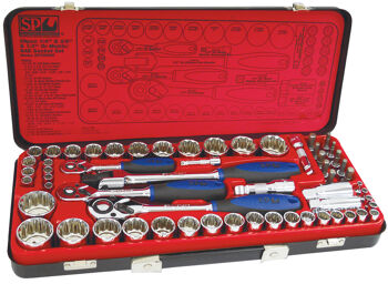 Sp Tools Socket Set 1/4"-3/8"-1/2" Dr 12Pt 59Pc Metric/Sae SP20280 59Pc 1/4 3/8 & 1/2"Dr 12Pt Socket Set • 1/4"Dr 4 - 12Mm& 1/4 - 1/2" • 3/8"Dr 13 - 19Mm& 9/16 - 3/4" • 1/2"Dr 21 - 32Mm& 13/16 - 1-1/4" • Inhex Bits Spark Plug Sockets & Accessories • Chrome Vanadium Steel For High Durability • Flat Drive Technology To Maximize Grip