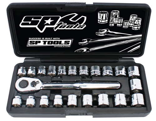 Sp Tools Socket Set 3/8Dr 12Pt Low Profile 22Pc Metric/Sae SP20220 • Chrome Vanadium Steel For Maximum Strength. • Low Profile (Stubby) For Tight Spaces • Meets Or Exceeds Din Standards Metric • 8, 9, 10, 11, 12, 13, 14, 15, 16, 17, 18 & 19Mm Sae • 1/4, 5/16, 3/8, 7/16, 1/2, 9/16, 5/8, 11/16 & 3/4”