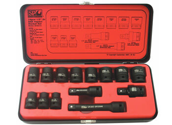 Sp Tools Socket Set Impact 1/2Dr 6Pt 14Pc Sae SP20315 • Chrome Molybdenum Steel For Maximum Strength • Flat Drive Technology To Maximize Grip • Manufactured To Din Standards • 1/2"Dr - 14Pc • 3/8" To 1" Impact Sockets • Extension Bars & Univursal Joint