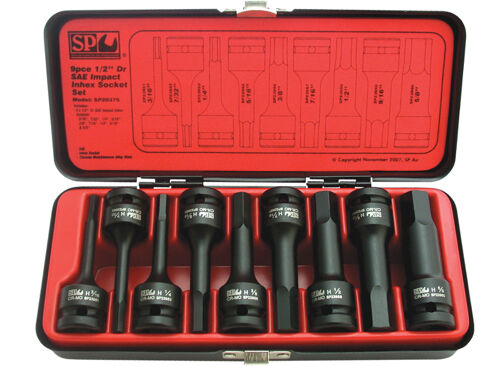 Sp Tools Socket Set Impact 1/2Dr Inhex 9Pc Sae SP20375 1/2"Dr 9Pc Impact Inhex Sae Socket Set • 3/16-5/8" Impact Inhex Sockets • Chrome Molybdenum Steel For Maximum Strength • Manufactured To Din Standards