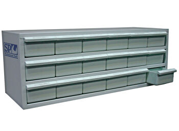 Sp Tools Storage Box 18 Drawer 826 X 300 X 305 SP40568 18 Drawer Storage Box • Size (826W X 300D X 305H) • Drawers 118W X 286D X 60H • Can Be Used For Parts Storage In Workshops Or Mobile Service Vehicles • Parts Bins Lock Into Outer Steel Cabinet