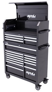 Sp Tools Sumo Power Hutch Black/Chr 18 Drawer Combo SP40698 Sumo Series Power Hutch Tool Box & Roller Cab Combo 18 Drawer 1066(W) X 480(D) X 1610(H) • Built In Surge Protected Powerboard With 4 Power Outlets And 4 Usb Ports, Ideal For Power Tools, Chargers, Etc • Steel Pegboard Rear Wall To Organise Frequently Used Tools • Sp Cliklok On All Drawers Ensures Drawers Stay Closed And Secure • Anti-Slip Matting In Hutch