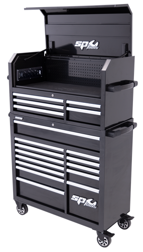 Sp Tools Sumo Power Hutch Black/Chr 18 Drawer Combo SP40698 Sumo Series Power Hutch Tool Box & Roller Cab Combo 18 Drawer 1066(W) X 480(D) X 1610(H) • Built In Surge Protected Powerboard With 4 Power Outlets And 4 Usb Ports, Ideal For Power Tools, Chargers, Etc • Steel Pegboard Rear Wall To Organise Frequently Used Tools • Sp Cliklok On All Drawers Ensures Drawers Stay Closed And Secure • Anti-Slip Matting In Hutch