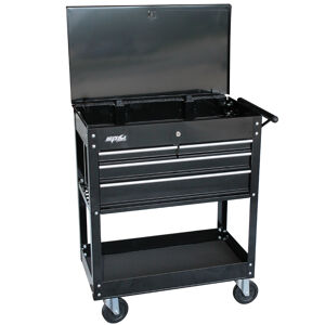 Sp Tools Technicians Trolley Black Custom 4 Drawer SP40015 4 Drawer Steel Diagnostic Trolley Dimensions: (964W X 414D X 964H) • Diagnostic Tool Storage Compartment • Internal Locking System For Extra Security • Heavy Duty 28 Ball Bearing Drawer Slides • Double Powder Coating Resists Scratching • Full Drawer Extension Capabilities • Dual Gas Strut Lid Stays Hold Lid Open • 4X Swivel (2X Lockable) Heavy Duty Castors