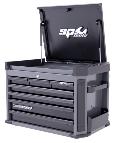 Sp Tools Tool Box 7 Drawer Diamond Black Tech Series SP42205D 7 Drawer Custom Tech Series Tool Boxes • 730(W) X 475(D) X 507(H) • Heavy Duty Full Extension Ball Bearing Drawer Slides. • Dual Gas Strut Lid Stays. • Dog Bone Style Frame Construction Offers Max Rigidity. • Sp Cliklok Drawer Locking System Ensures Drawers Stay Closed And Secure • Side Storage Compartments • Soft Close Drawers & Corner Protection