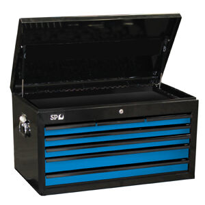 Sp Tools Tool Box Black/Blue 7 Drawer Custom Sumo SP40121 • 30% Wider Than Standard Sp Custom Series Tool Cabinets • Heavy Duty 28 Ball Bearing Drawer Slides. • Dual Gas Strut Lid Stays. • Robust Wall Construction. • Full Drawer Extension Capability. • Double Powder Coating Resists Scratching.