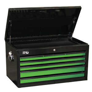 Sp Tools Tool Box Black/Green 7 Drawer Custom Sumo SP40122 • 30% Wider Than Standard Sp Custom Series Tool Cabinets • Heavy Duty 28 Ball Bearing Drawer Slides. • Dual Gas Strut Lid Stays. • Robust Wall Construction. • Full Drawer Extension Capability. • Double Powder Coating Resists Scratching.